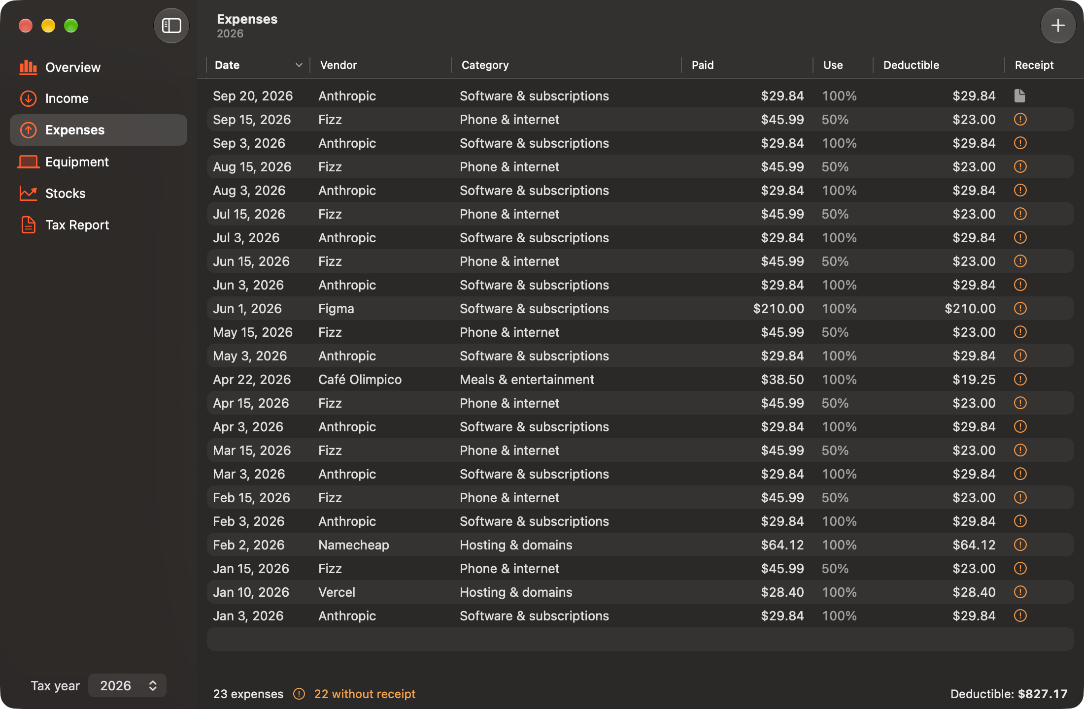 FraTax Expenses screen: 23 expenses with category, business use and deductible amount