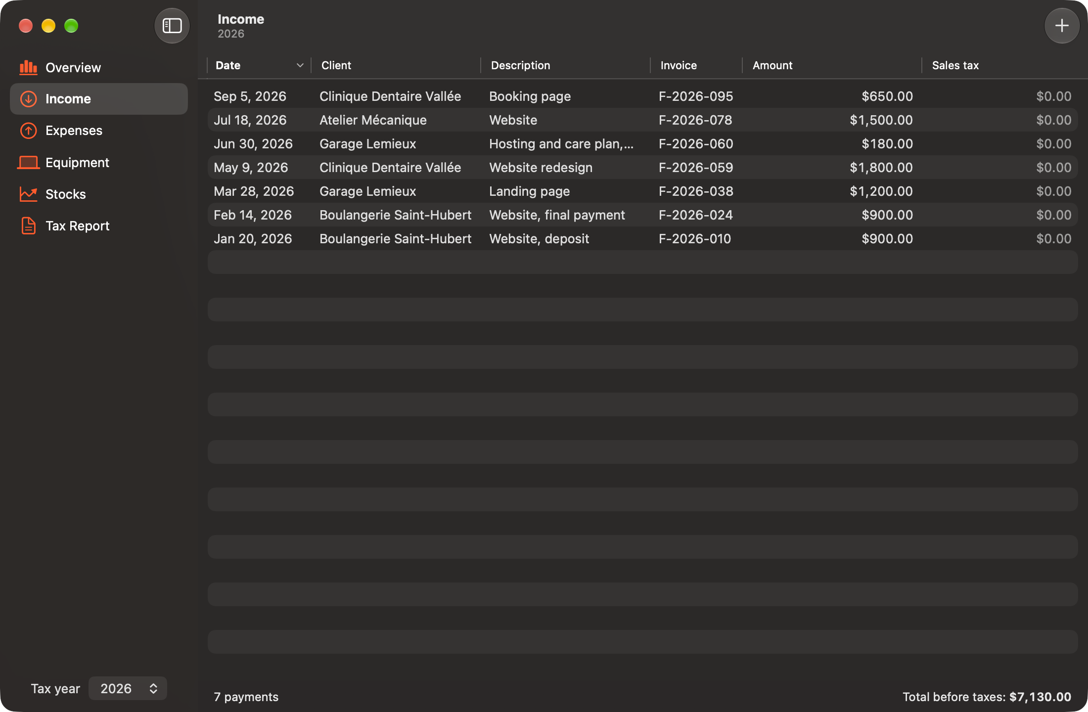 FraTax Income screen: seven client payments with date, client, invoice number and amount
